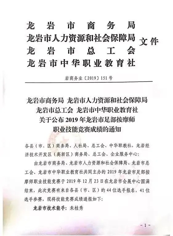 2019年龍巖市足部按摩師職業(yè)技能競賽成績公布啦