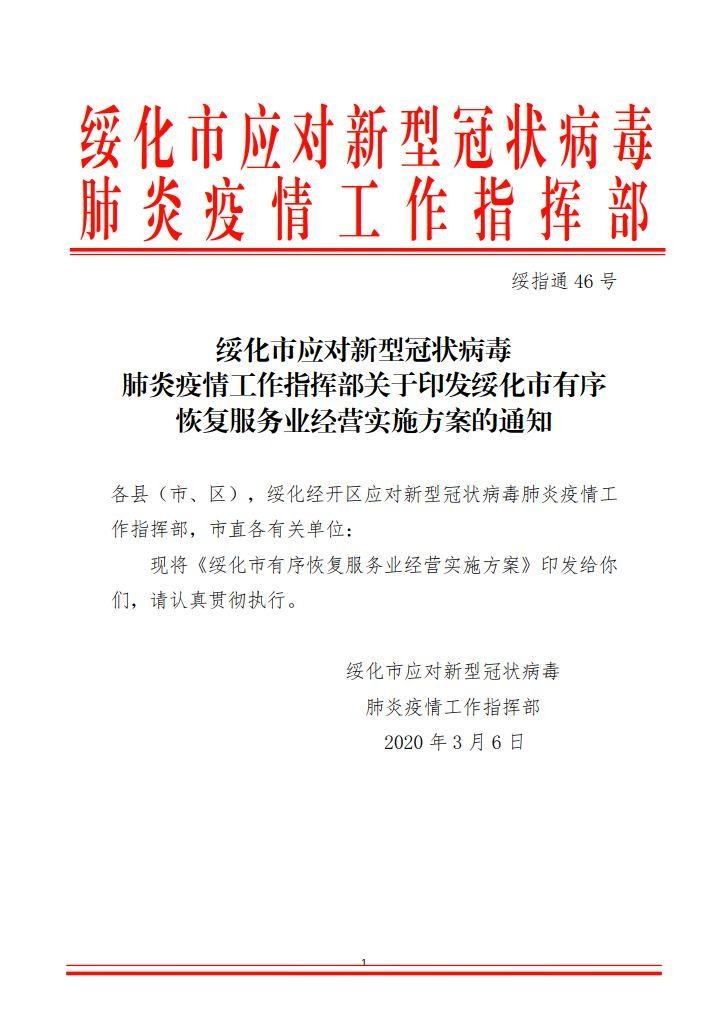 綏指通46號(hào)｜對(duì)綏化市有序恢復(fù)服務(wù)業(yè)經(jīng)營實(shí)施方案的印發(fā)通知